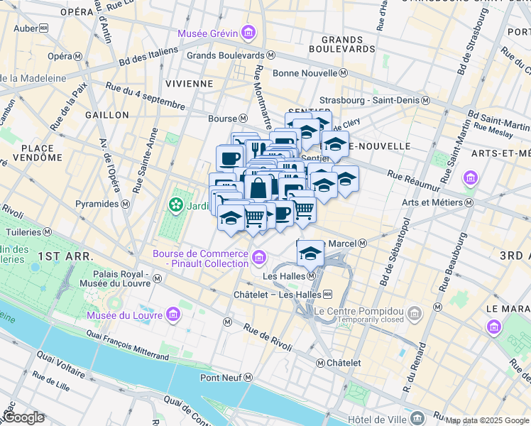 map of restaurants, bars, coffee shops, grocery stores, and more near 52 Rue du Louvre in Paris