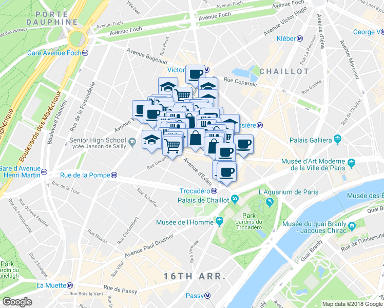 map of restaurants, bars, coffee shops, grocery stores, and more near 83 Rue de Longchamp in Paris