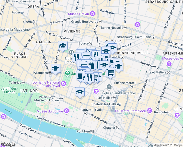 map of restaurants, bars, coffee shops, grocery stores, and more near 49 Rue Étienne Marcel in Paris