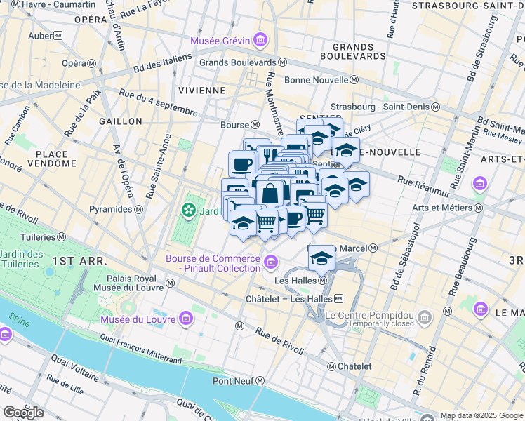 map of restaurants, bars, coffee shops, grocery stores, and more near 49 Rue Étienne Marcel in Paris