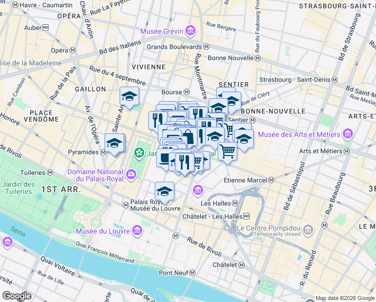 map of restaurants, bars, coffee shops, grocery stores, and more near 49 Rue Étienne Marcel in Paris