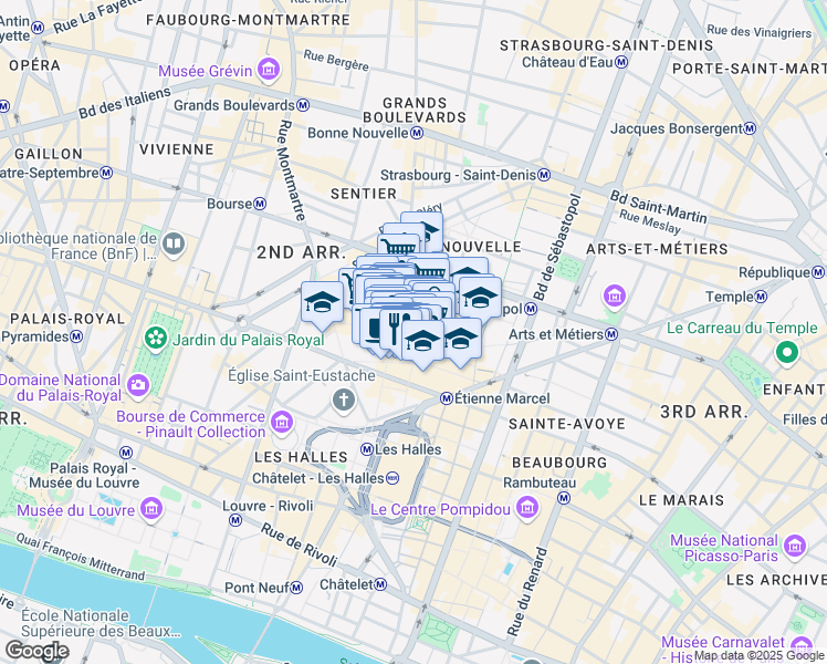 map of restaurants, bars, coffee shops, grocery stores, and more near 58 Rue Greneta in Paris