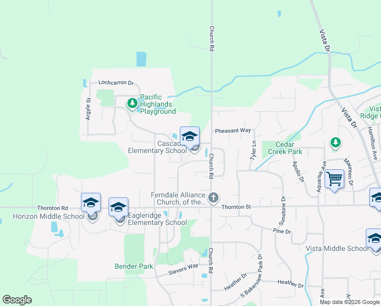 map of restaurants, bars, coffee shops, grocery stores, and more near 6175 Church Road in Ferndale