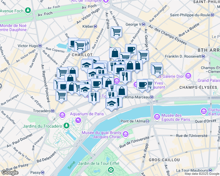 map of restaurants, bars, coffee shops, grocery stores, and more near 1 Rue de Chaillot in Paris