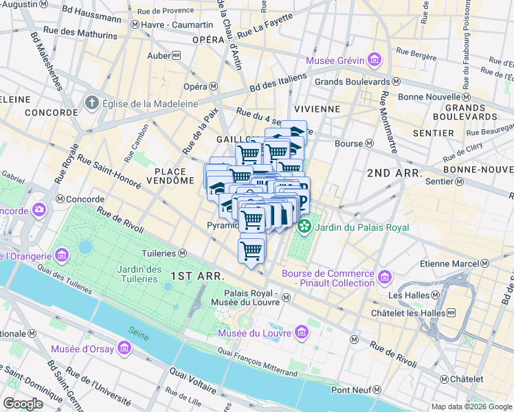 map of restaurants, bars, coffee shops, grocery stores, and more near 22 Avenue de l'Opéra in Paris