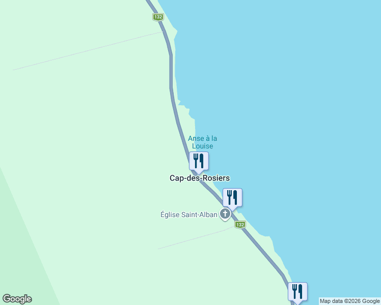 map of restaurants, bars, coffee shops, grocery stores, and more near 1223 Boulevard de Cap des Rosiers in Gaspé