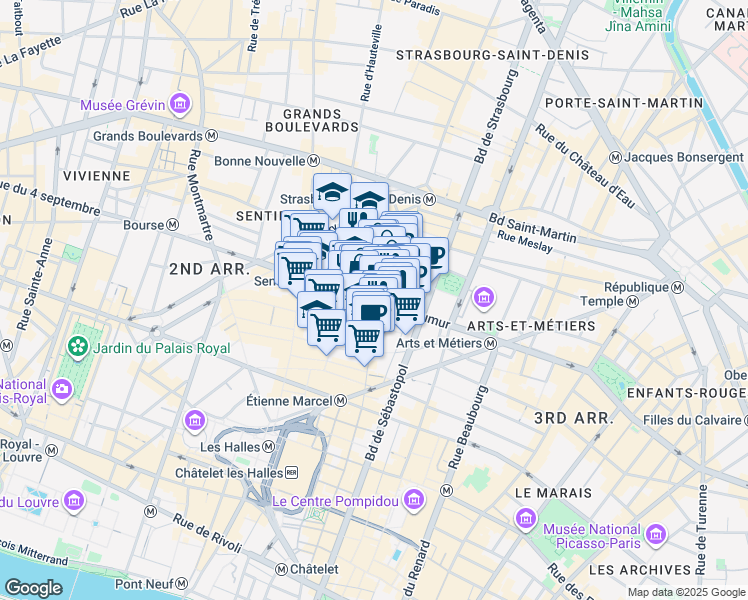 map of restaurants, bars, coffee shops, grocery stores, and more near Rue Réaumur in Paris