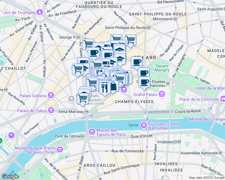 map of restaurants, bars, coffee shops, grocery stores, and more near 35 Avenue Montaigne in Paris