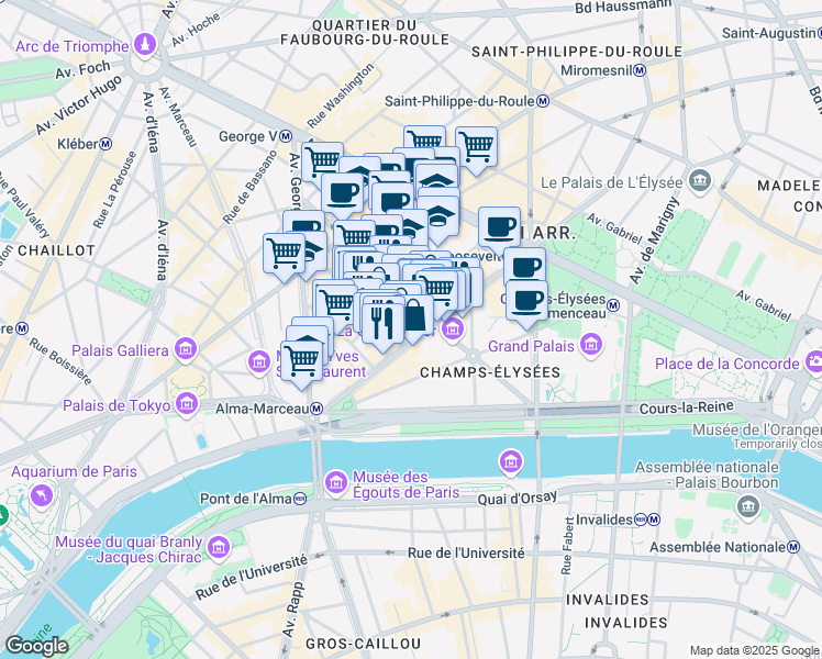map of restaurants, bars, coffee shops, grocery stores, and more near 35 Avenue Montaigne in Paris