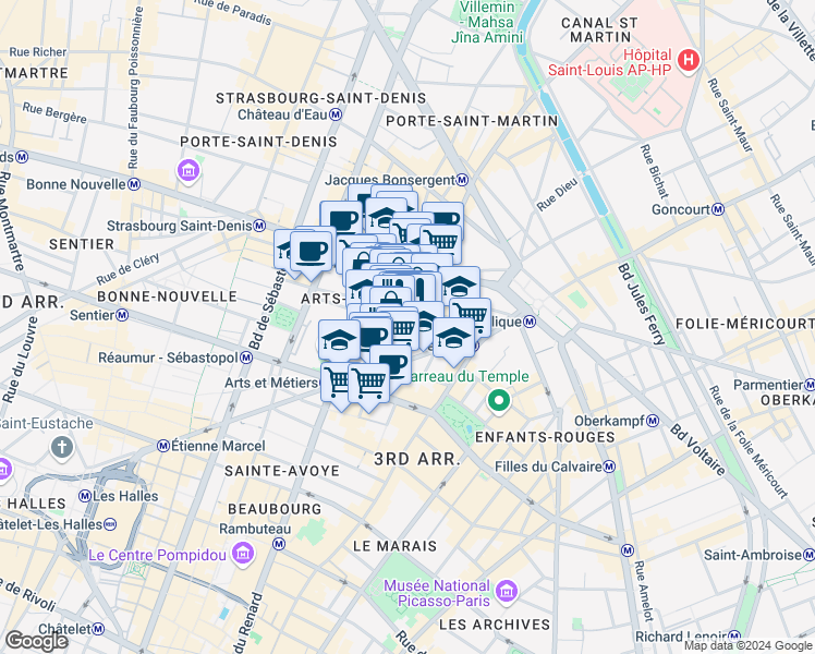 map of restaurants, bars, coffee shops, grocery stores, and more near 9 Rue du Vertbois in Paris