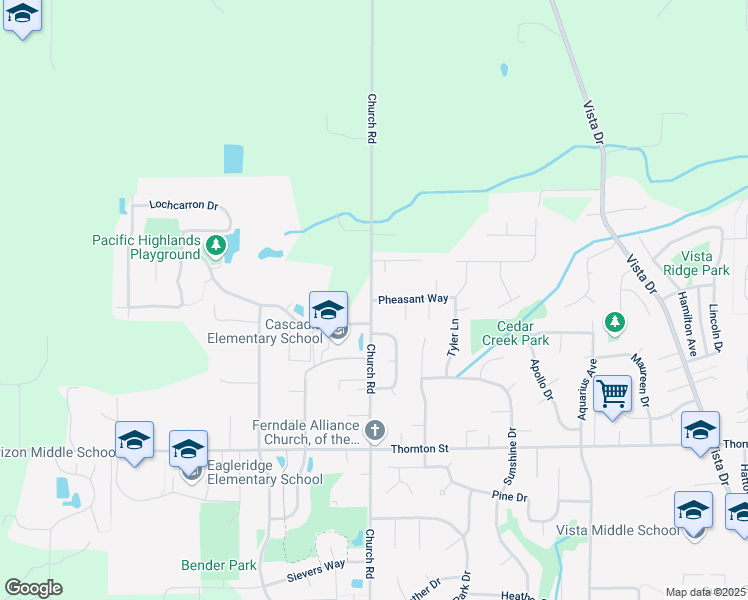 map of restaurants, bars, coffee shops, grocery stores, and more near 2496 Pheasant Way in Ferndale