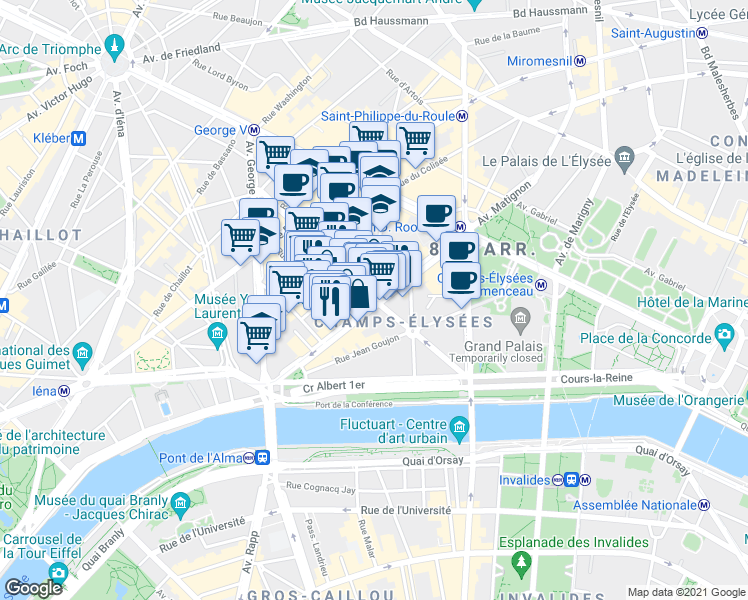map of restaurants, bars, coffee shops, grocery stores, and more near Avenue Montaigne in Paris
