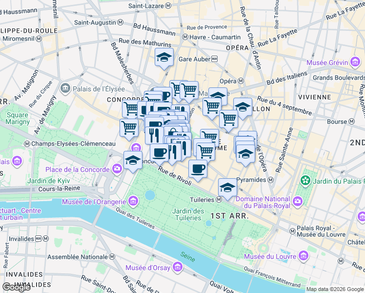 map of restaurants, bars, coffee shops, grocery stores, and more near 372 Rue Saint-Honoré in Paris