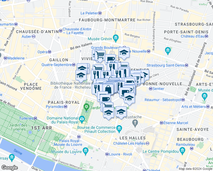 map of restaurants, bars, coffee shops, grocery stores, and more near 14 Rue de la Banque in Paris