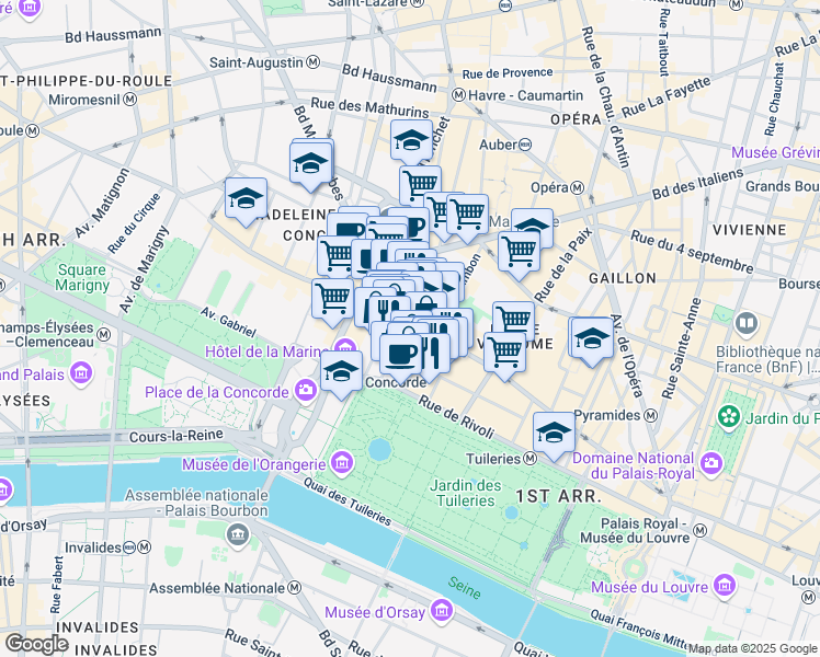 map of restaurants, bars, coffee shops, grocery stores, and more near 265 Rue Saint Honoré in Paris