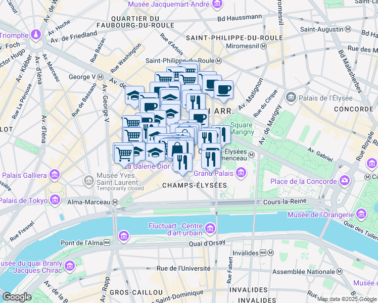 map of restaurants, bars, coffee shops, grocery stores, and more near 46 Avenue Montaigne in Paris