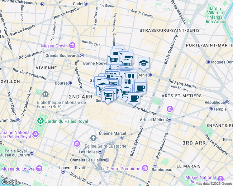 map of restaurants, bars, coffee shops, grocery stores, and more near 2 Rue du Nil in Paris