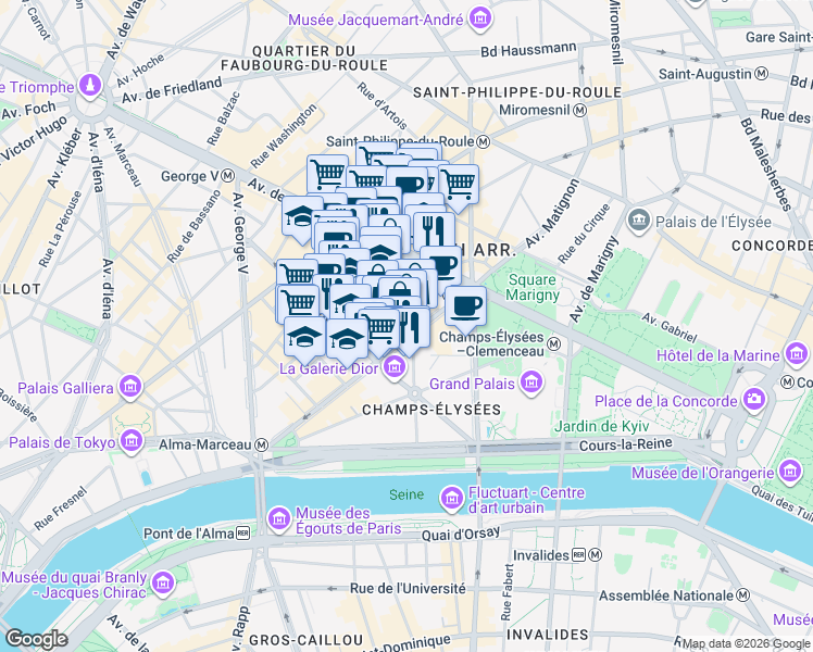 map of restaurants, bars, coffee shops, grocery stores, and more near 51 Avenue Montaigne in Paris