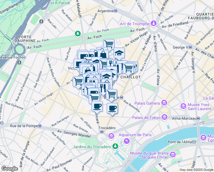 map of restaurants, bars, coffee shops, grocery stores, and more near 54 Rue Boissière in Paris