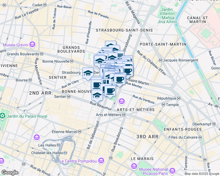 map of restaurants, bars, coffee shops, grocery stores, and more near 131 Boulevard de Sébastopol in Paris