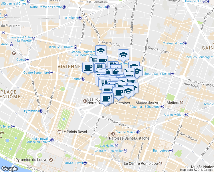 map of restaurants, bars, coffee shops, grocery stores, and more near 124 Rue Réaumur in Paris