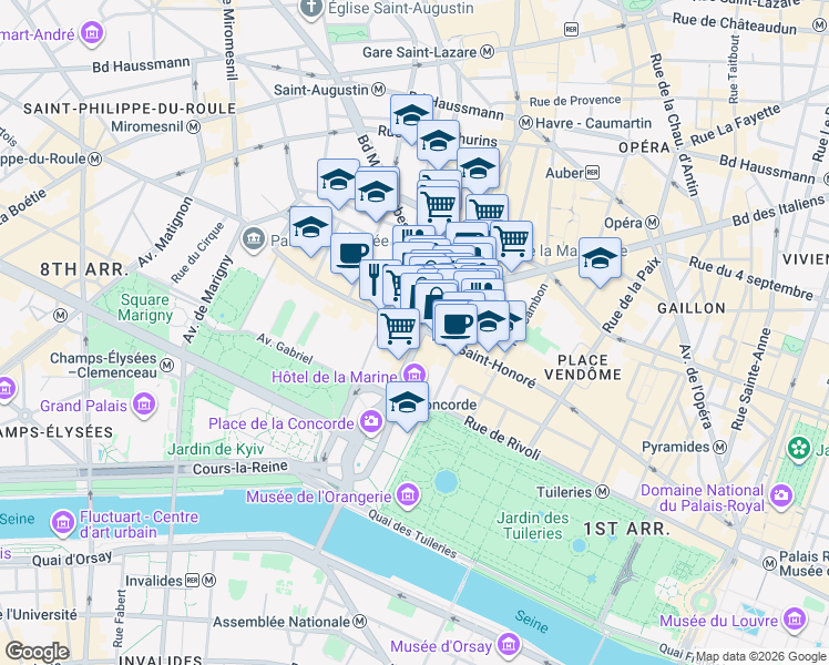 map of restaurants, bars, coffee shops, grocery stores, and more near 1 Rue du Faubourg Saint-Honoré in Paris