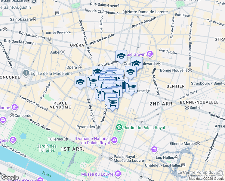 map of restaurants, bars, coffee shops, grocery stores, and more near 80 Rue Sainte-Anne in Paris