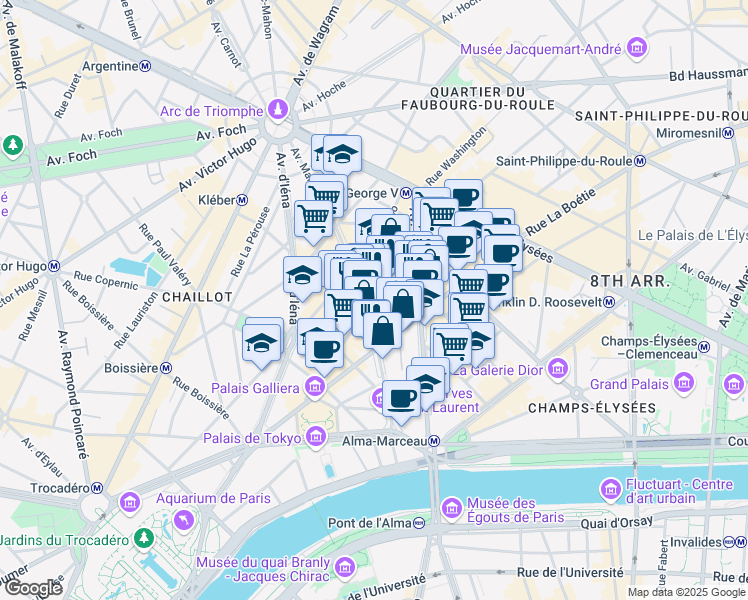 map of restaurants, bars, coffee shops, grocery stores, and more near 46 Avenue Marceau in Paris