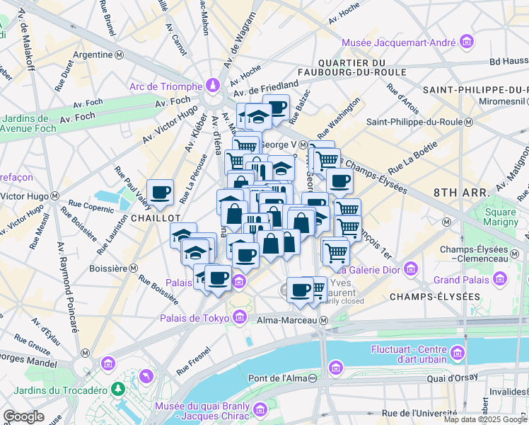 map of restaurants, bars, coffee shops, grocery stores, and more near 49 Avenue Marceau in Paris