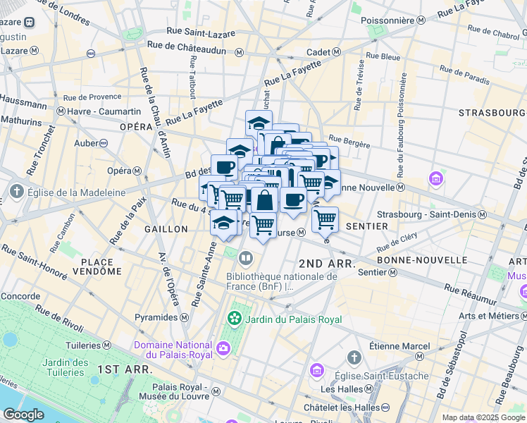 map of restaurants, bars, coffee shops, grocery stores, and more near 6 Rue des Colonnes in Paris