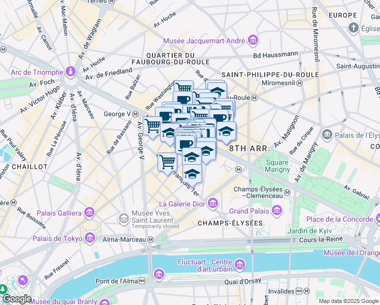 map of restaurants, bars, coffee shops, grocery stores, and more near 37 Rue Marbeuf in Paris