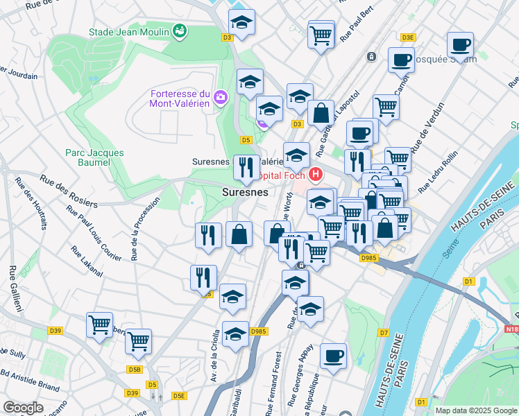 map of restaurants, bars, coffee shops, grocery stores, and more near in Suresnes