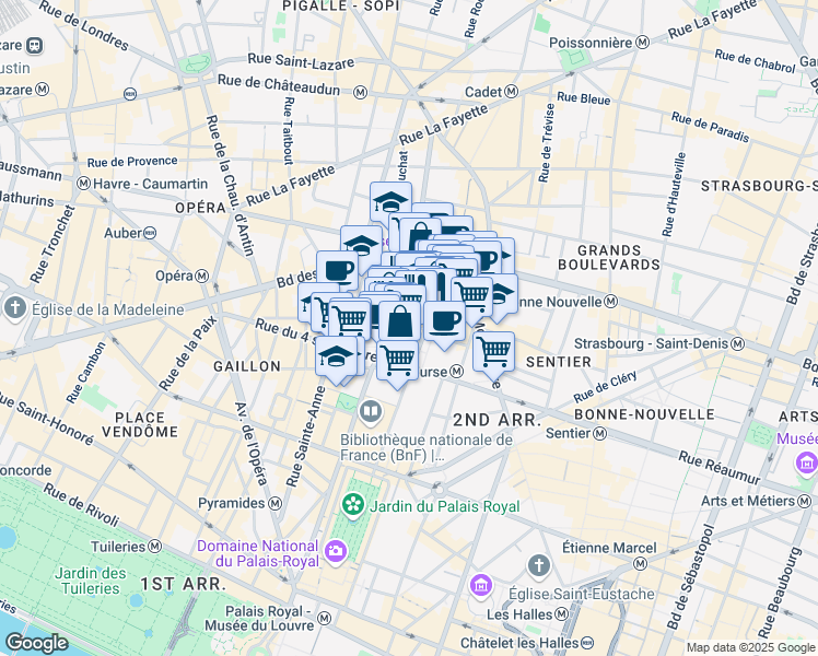 map of restaurants, bars, coffee shops, grocery stores, and more near 26 Rue Feydeau in Paris
