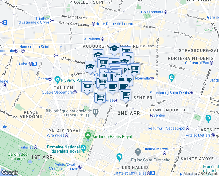 map of restaurants, bars, coffee shops, grocery stores, and more near 18 Rue Feydeau in Paris