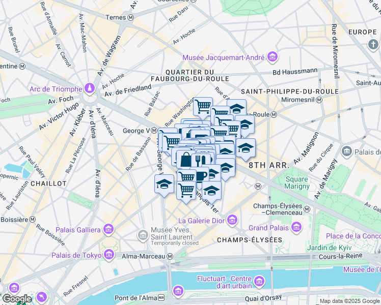 map of restaurants, bars, coffee shops, grocery stores, and more near 73 Avenue des Champs-Élysées in Paris