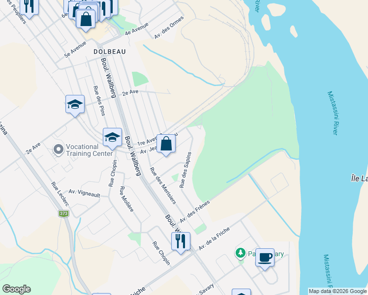 map of restaurants, bars, coffee shops, grocery stores, and more near 82 Avenue des Noyers in Dolbeau-Mistassini