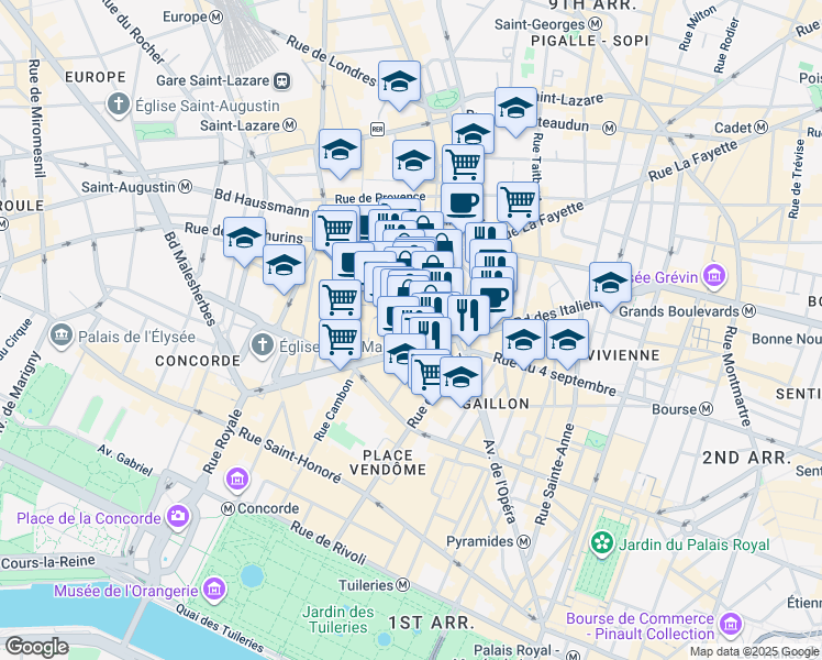 map of restaurants, bars, coffee shops, grocery stores, and more near 2 Rue Scribe in Paris