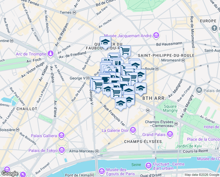 map of restaurants, bars, coffee shops, grocery stores, and more near 73 Avenue des Champs-Élysées in Paris