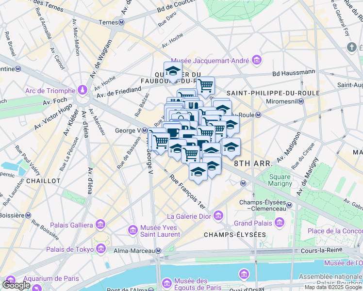 map of restaurants, bars, coffee shops, grocery stores, and more near 78 Avenue des Champs-Élysées in Paris
