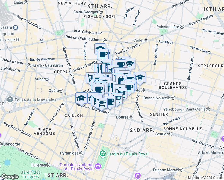 map of restaurants, bars, coffee shops, grocery stores, and more near Passage des Princes in Paris
