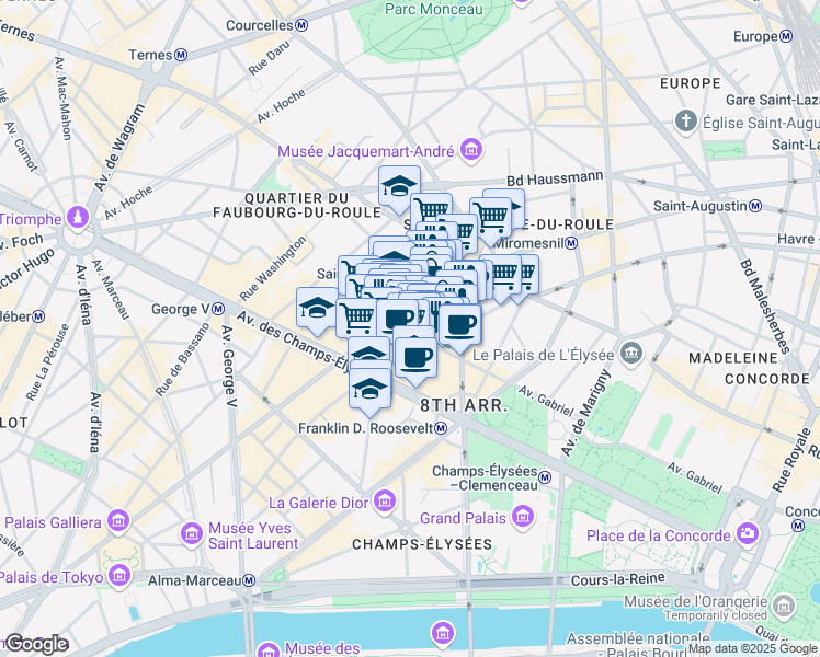 map of restaurants, bars, coffee shops, grocery stores, and more near 38 Rue de Ponthieu in Paris