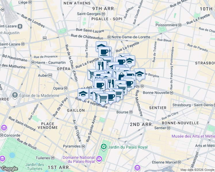 map of restaurants, bars, coffee shops, grocery stores, and more near 18 Rue Favart in Paris