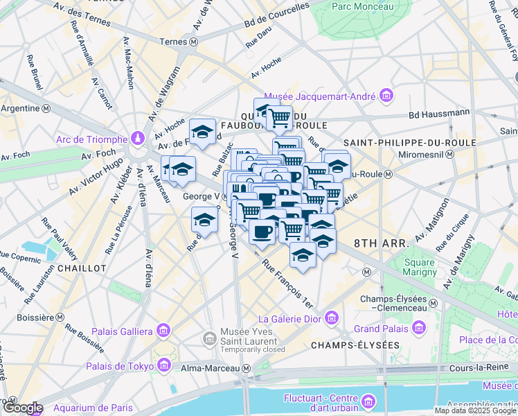 map of restaurants, bars, coffee shops, grocery stores, and more near 92 Champs-Élysées in Paris