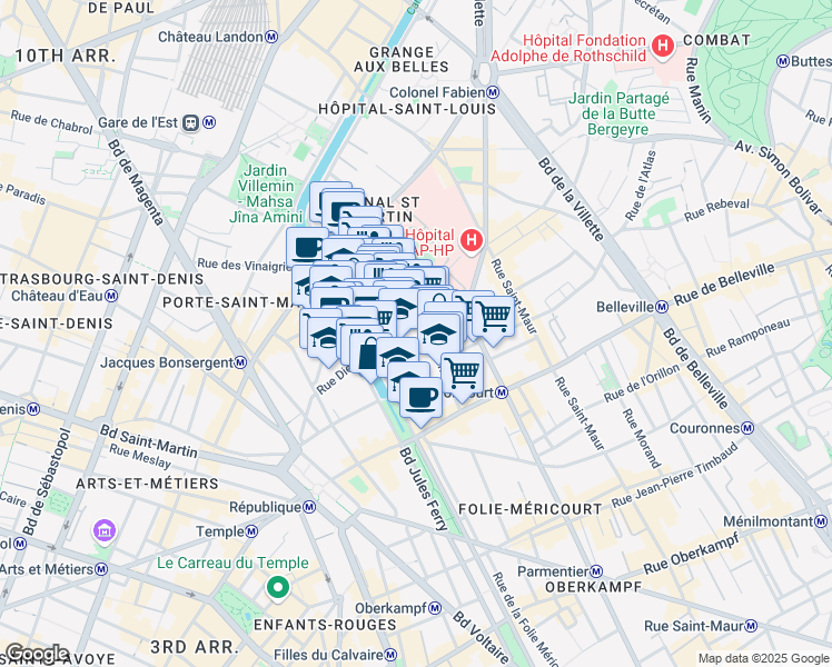 map of restaurants, bars, coffee shops, grocery stores, and more near 16 Rue Alibert in Paris