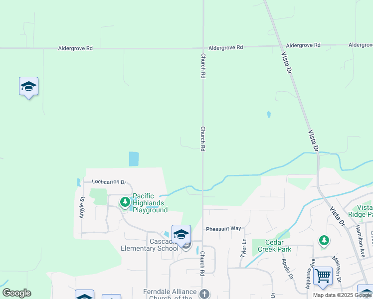 map of restaurants, bars, coffee shops, grocery stores, and more near 6343 Church Road in Ferndale