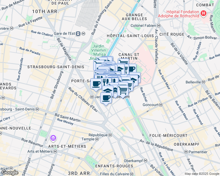 map of restaurants, bars, coffee shops, grocery stores, and more near Rue de Marseille in Paris