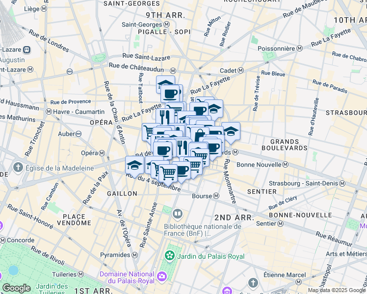 map of restaurants, bars, coffee shops, grocery stores, and more near Passage des Princes in Paris