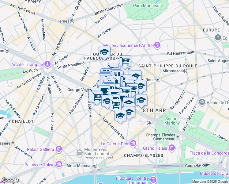 map of restaurants, bars, coffee shops, grocery stores, and more near 78 Avenue des Champs-Élysées in Paris