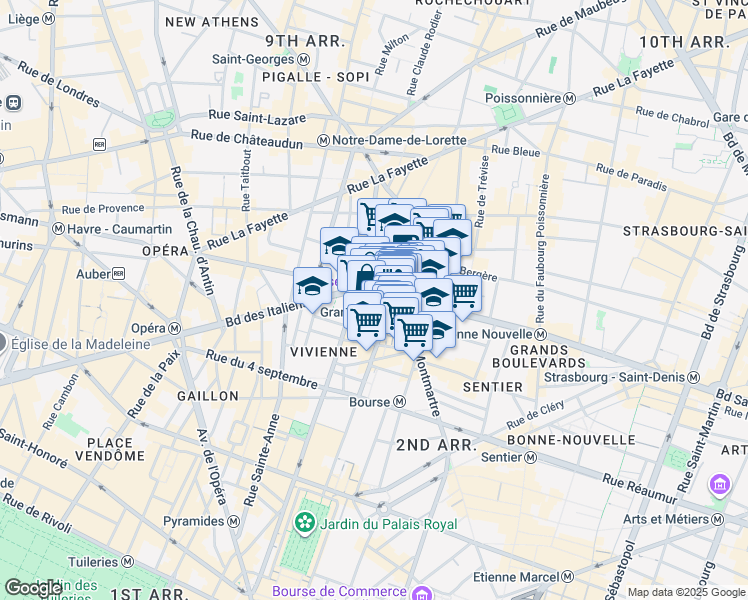 map of restaurants, bars, coffee shops, grocery stores, and more near 19 Boulevard Montmartre in Paris