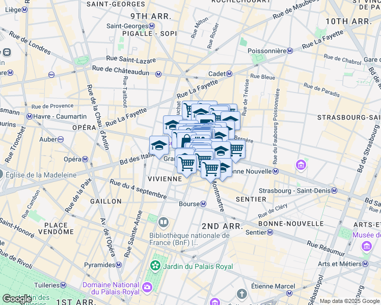 map of restaurants, bars, coffee shops, grocery stores, and more near 19 Boulevard Montmartre in Paris